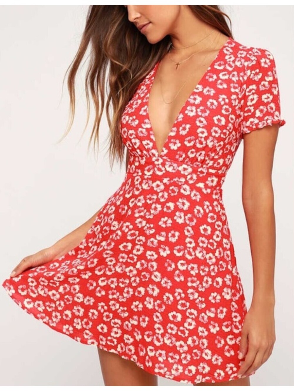 LULUS red floral short sleeve mini dress sz L